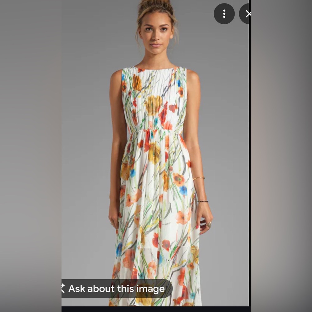 Alice + Olivia White Pleated Maxi Dress with Red, Blue and Yellow Floral Print
